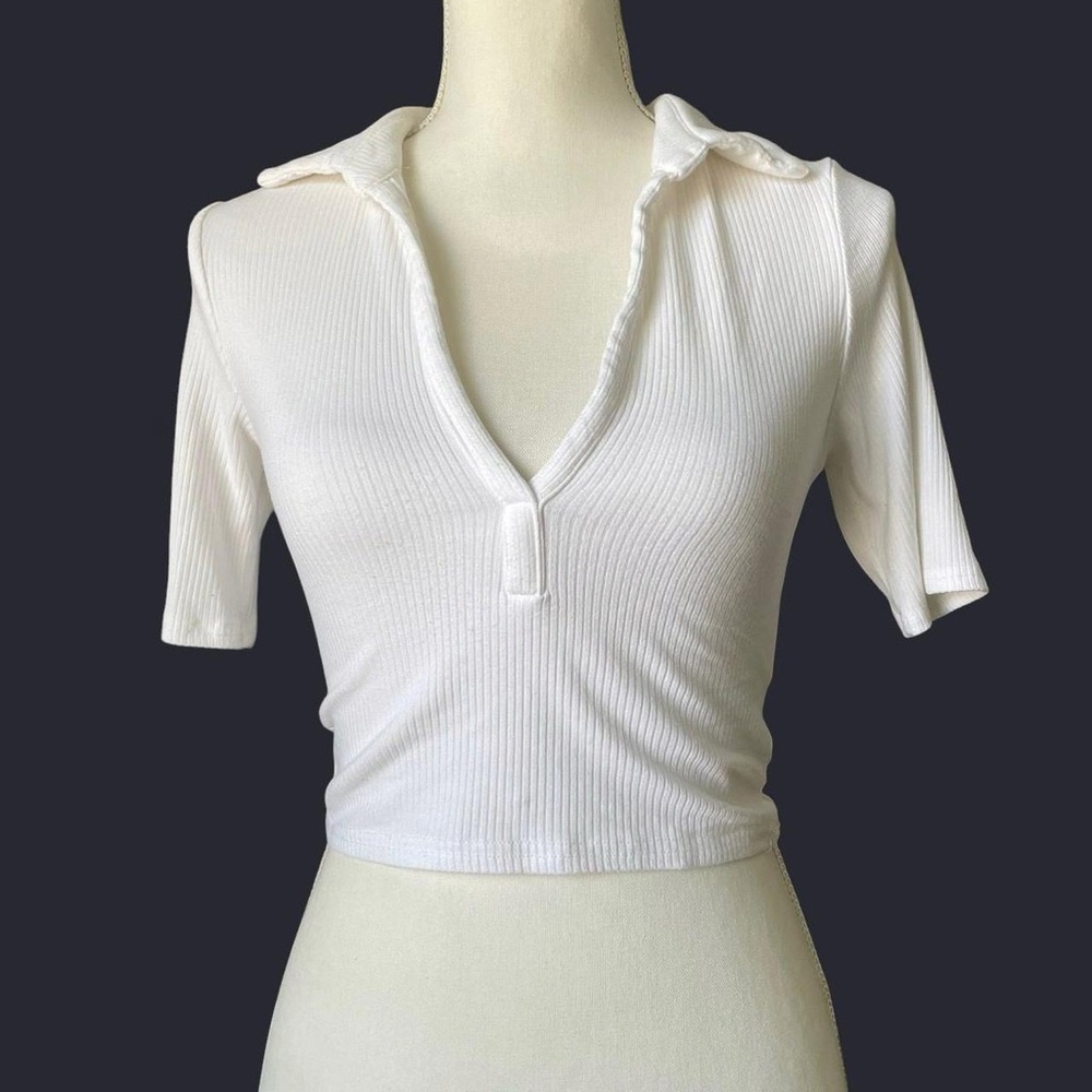 Women's White Ribbed Polo Crop Top